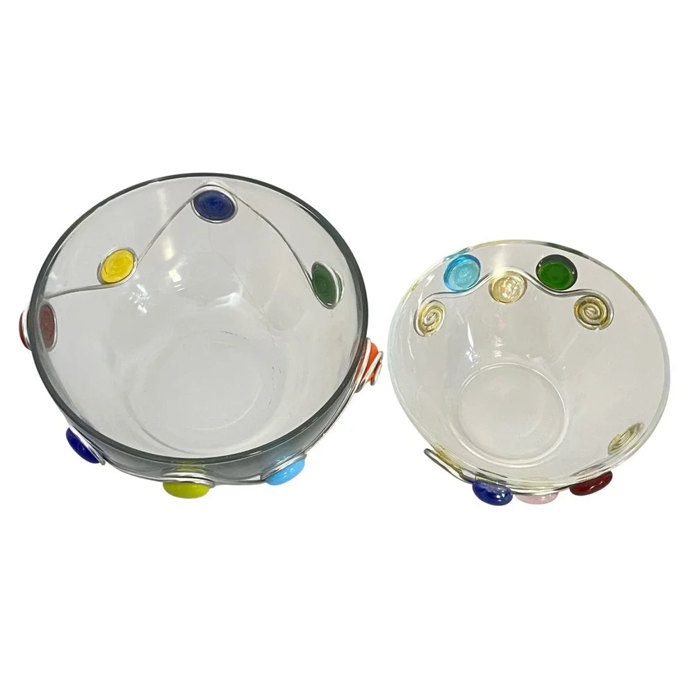 Set of 2 ARC FRANCE‎ Clear Glass Bowls Swirl Wire Colorful Gem Accent
